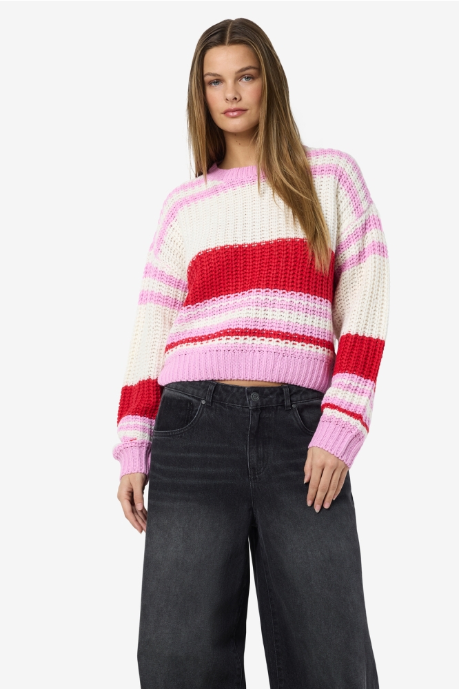 NMCHARLIE L/S O-NECK STRIPE KNIT NO 27020786 Birch/TOMATO+BON BON